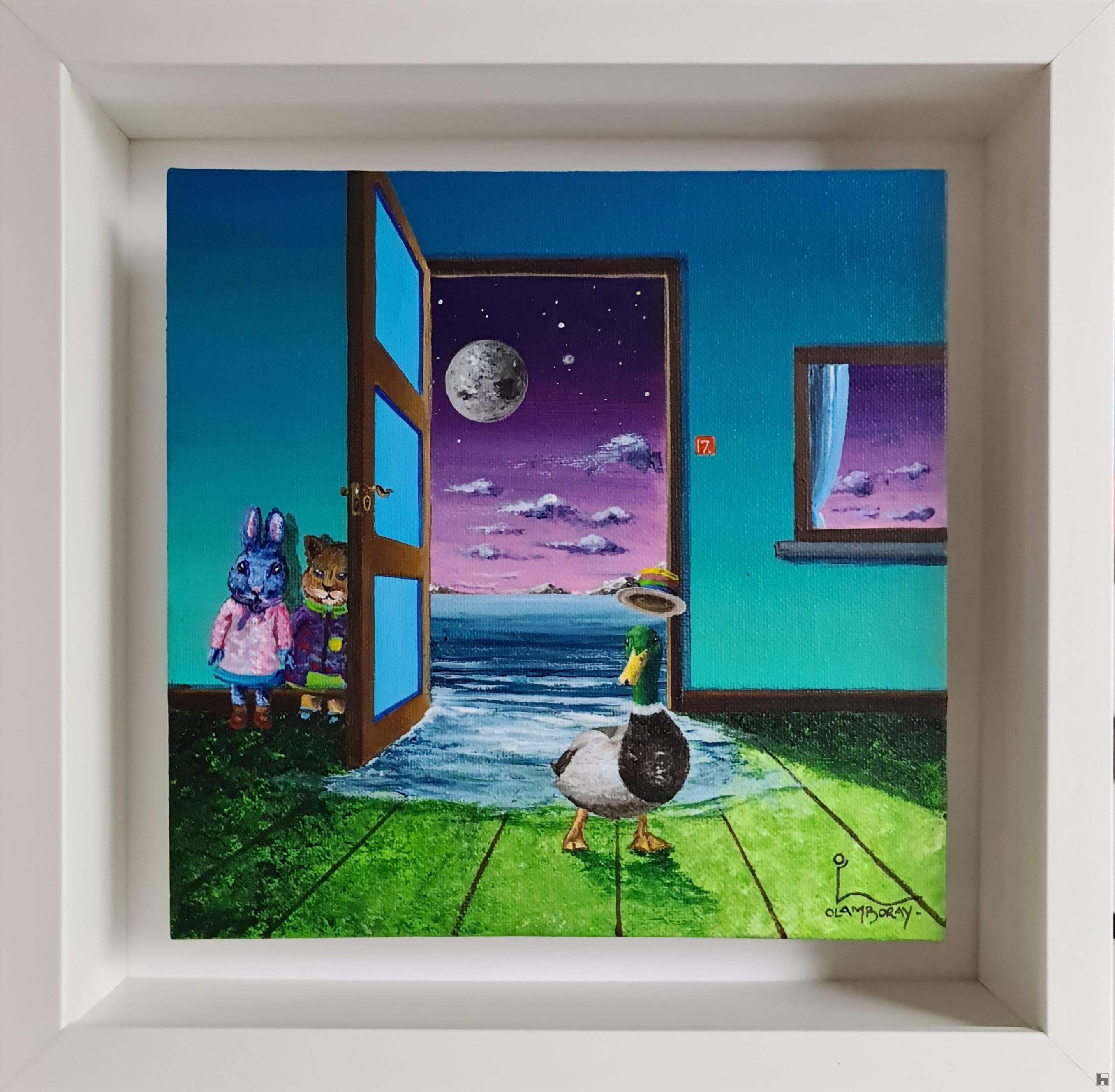 Hide and Seek. Petite peinture carrée surréaliste bourrée de bonheur et de fun