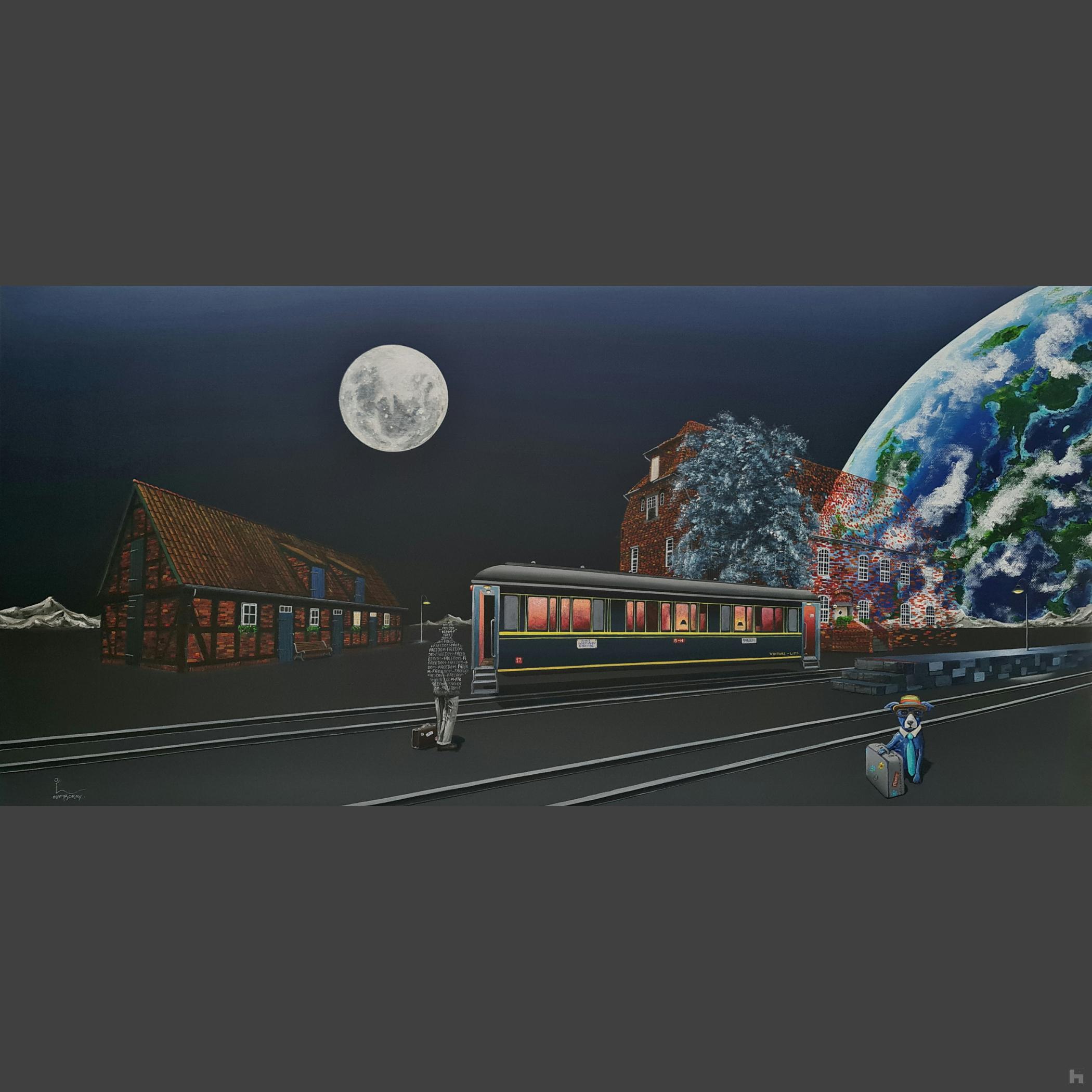 Peinture surréaliste intitulée « Nach Norden » d'Olivier Lamboray, représentant un homme et un chien bleu dans une gare, se préparant à un voyage au clair de lune avec la Terre en arrière-plan.