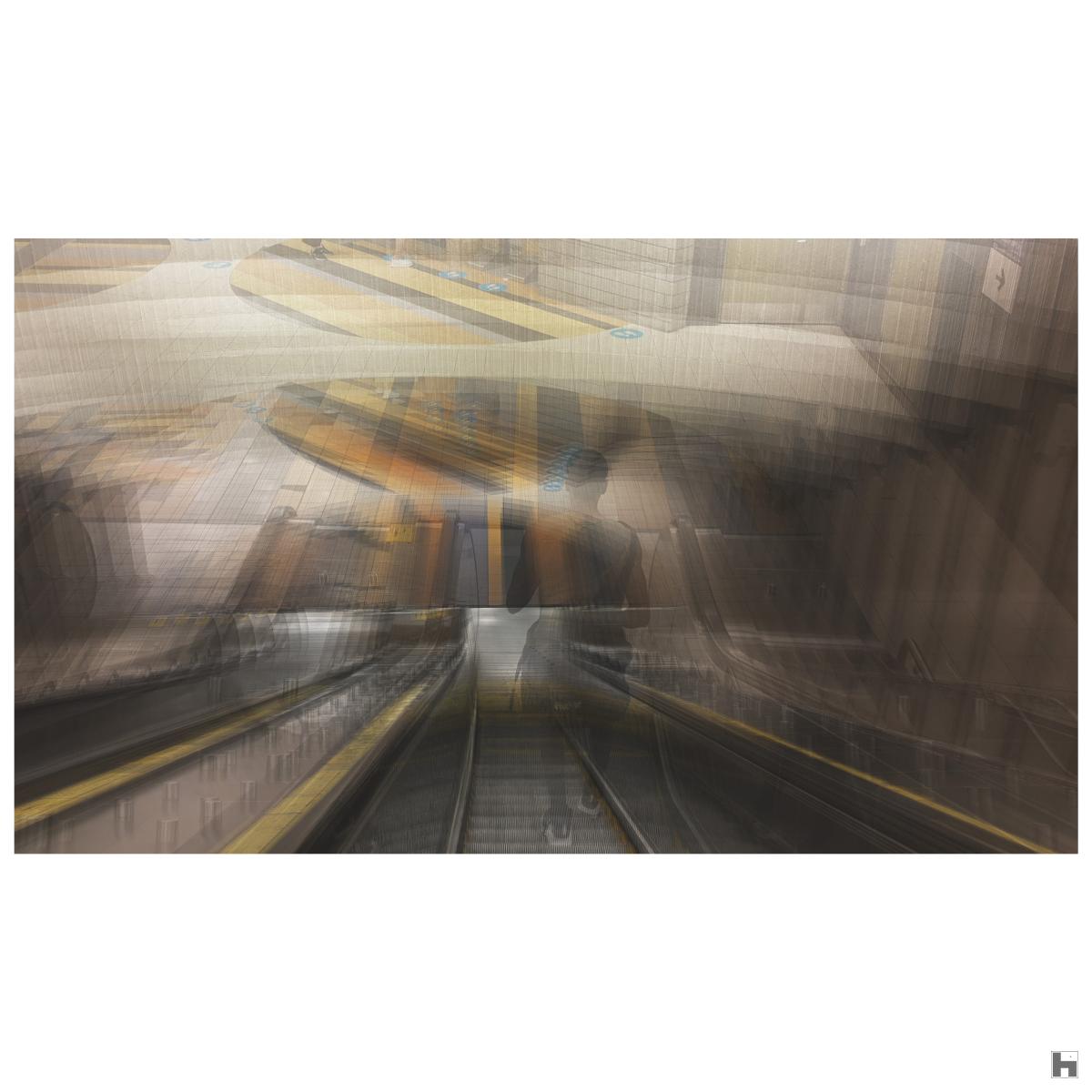 A multilayered photo of a metro station escalator with someone running down