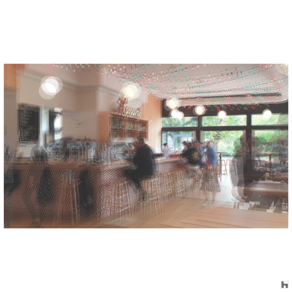 A multilayered photo of a typical american restaurant in Chicago