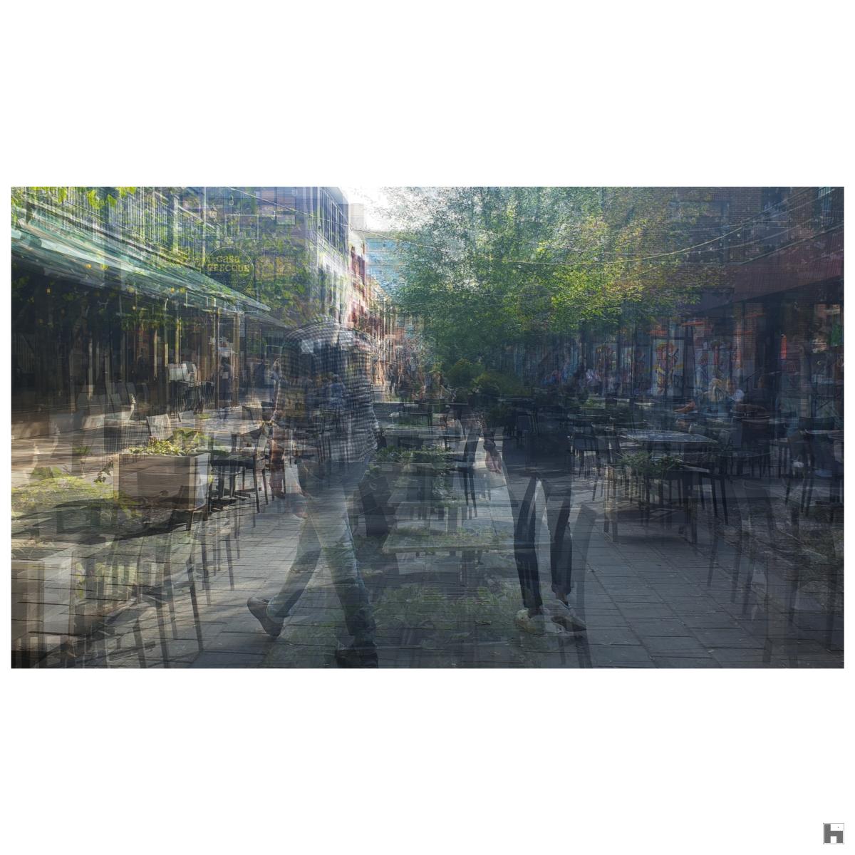 A multilayered photo of a open air restaurant area in Montreal