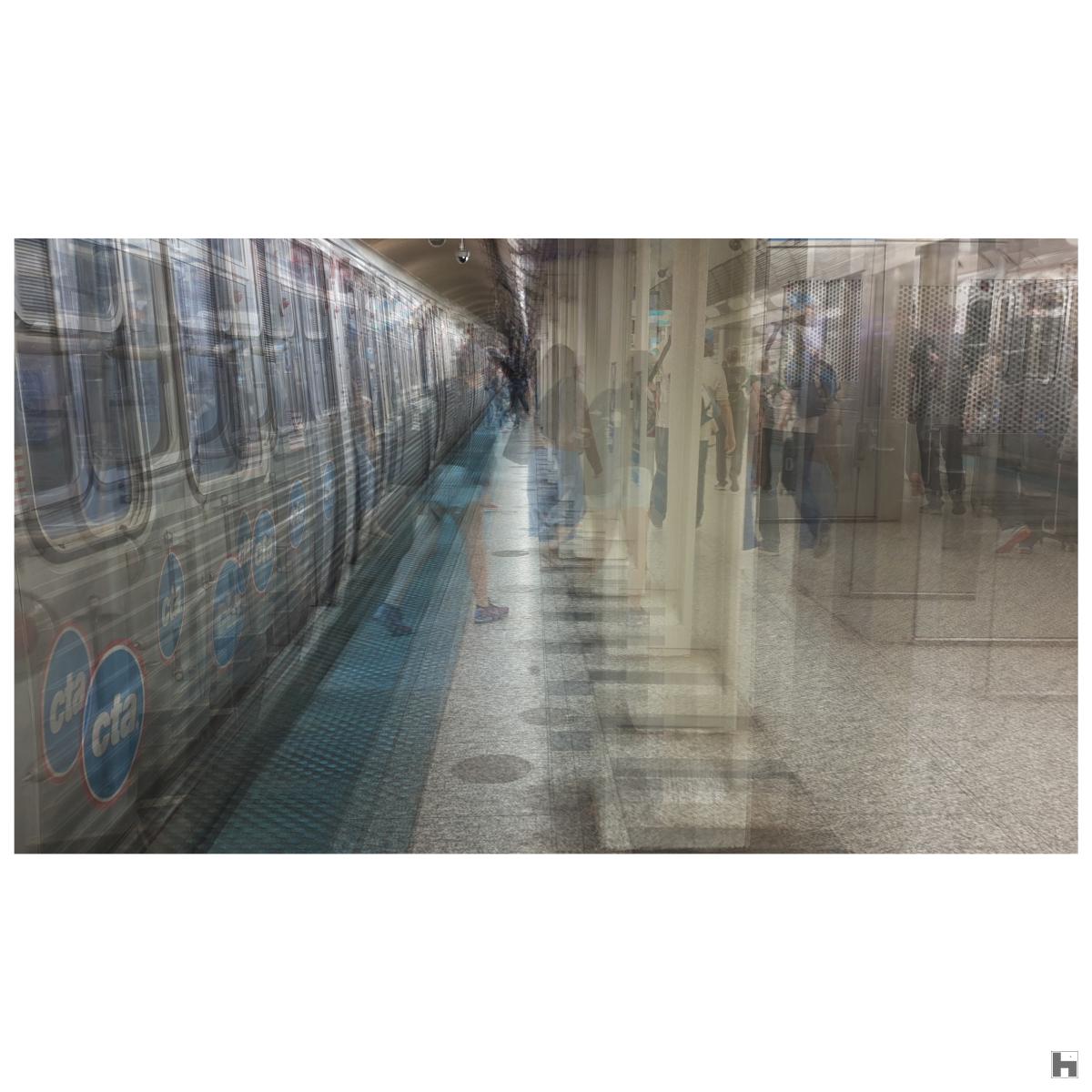 A multilayered photo of a metro station in Chicago