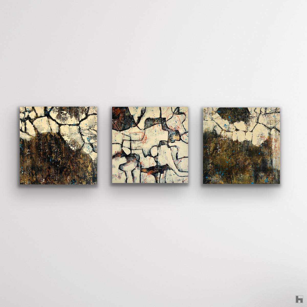Three small abstract paintings together