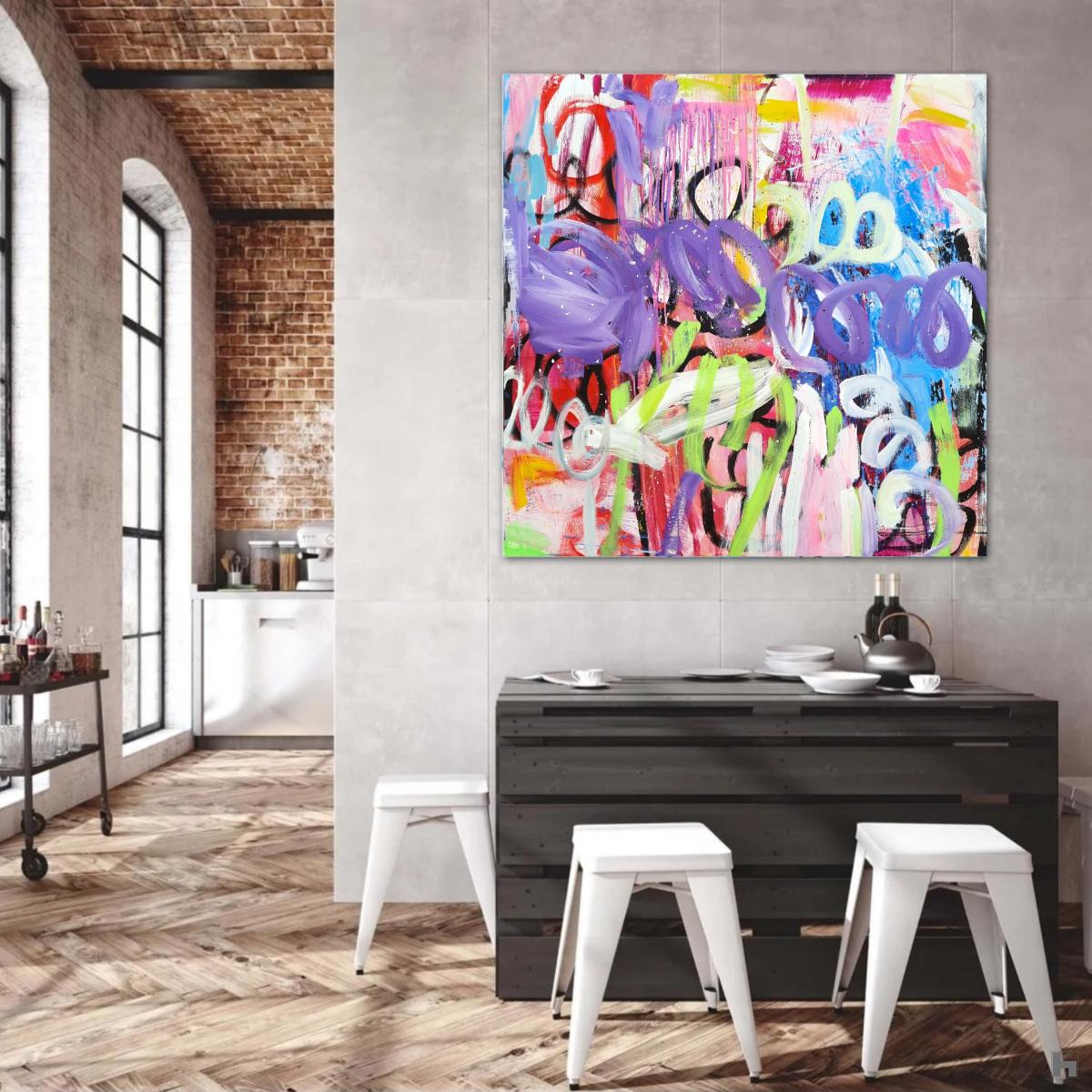 Toile contemporaine 120/120/3cm, acrylique et encres, 2023, Roxane Malu