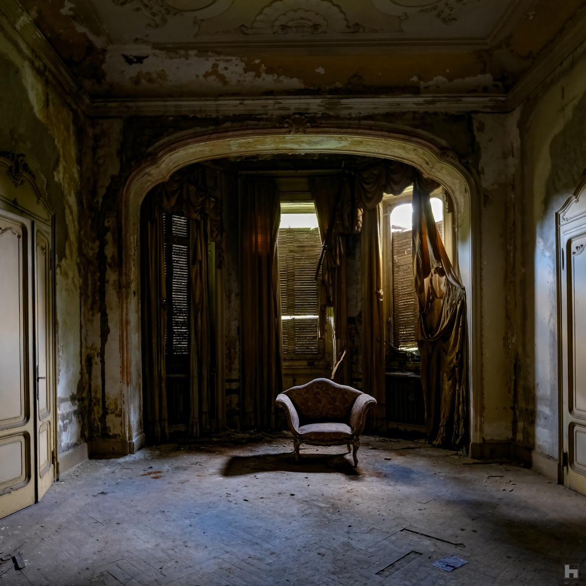 Photographie d'une villa italienne abandonnée.Fauteuil oublié