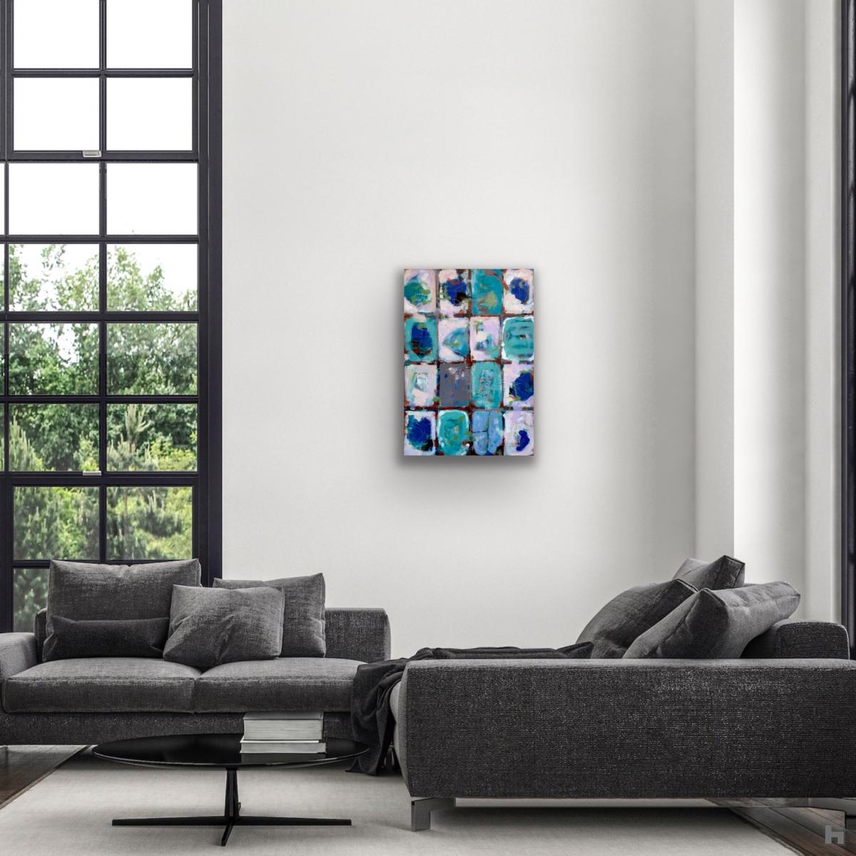 An abstract painting representing small blue and green windows on a wall
