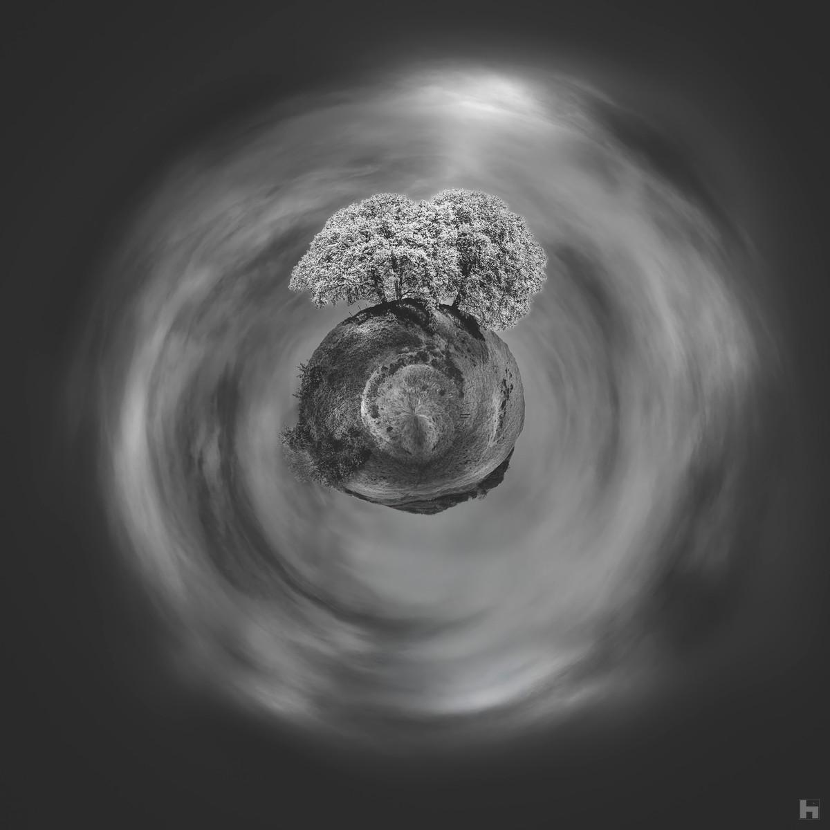 Photographie noir et blanc Entre Deux Mondes de Paul Marnef – arbre solitaire sur une planète en lévitation, entre ciel et terre, œuvre poétique en édition limitée