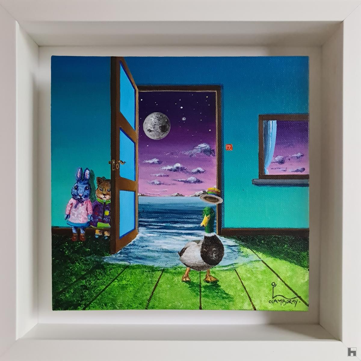 Hide and Seek. Petite peinture carrée surréaliste bourrée de bonheur et de fun