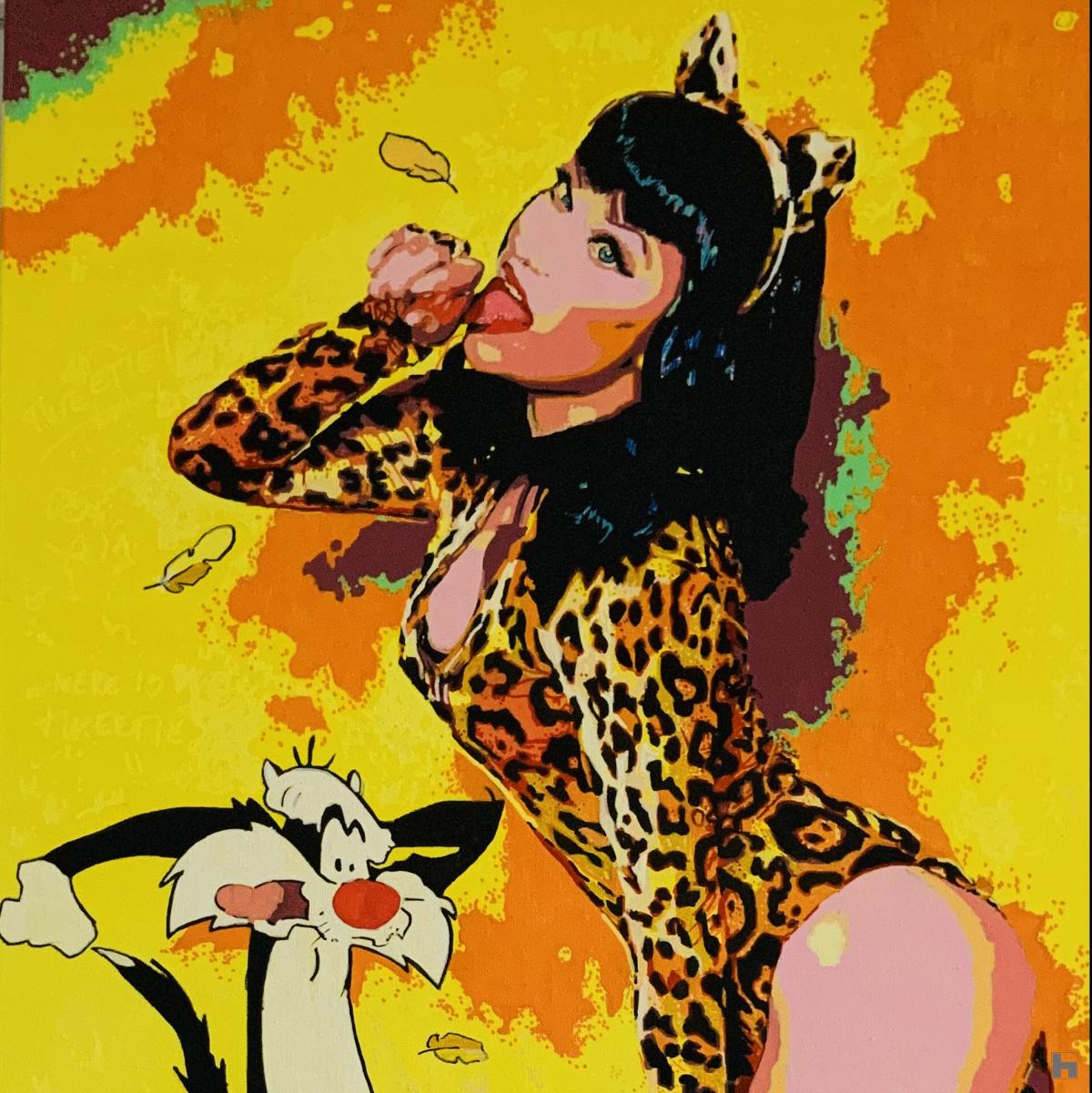 Pinup in panteroutfit met kater Sylvester (comics)