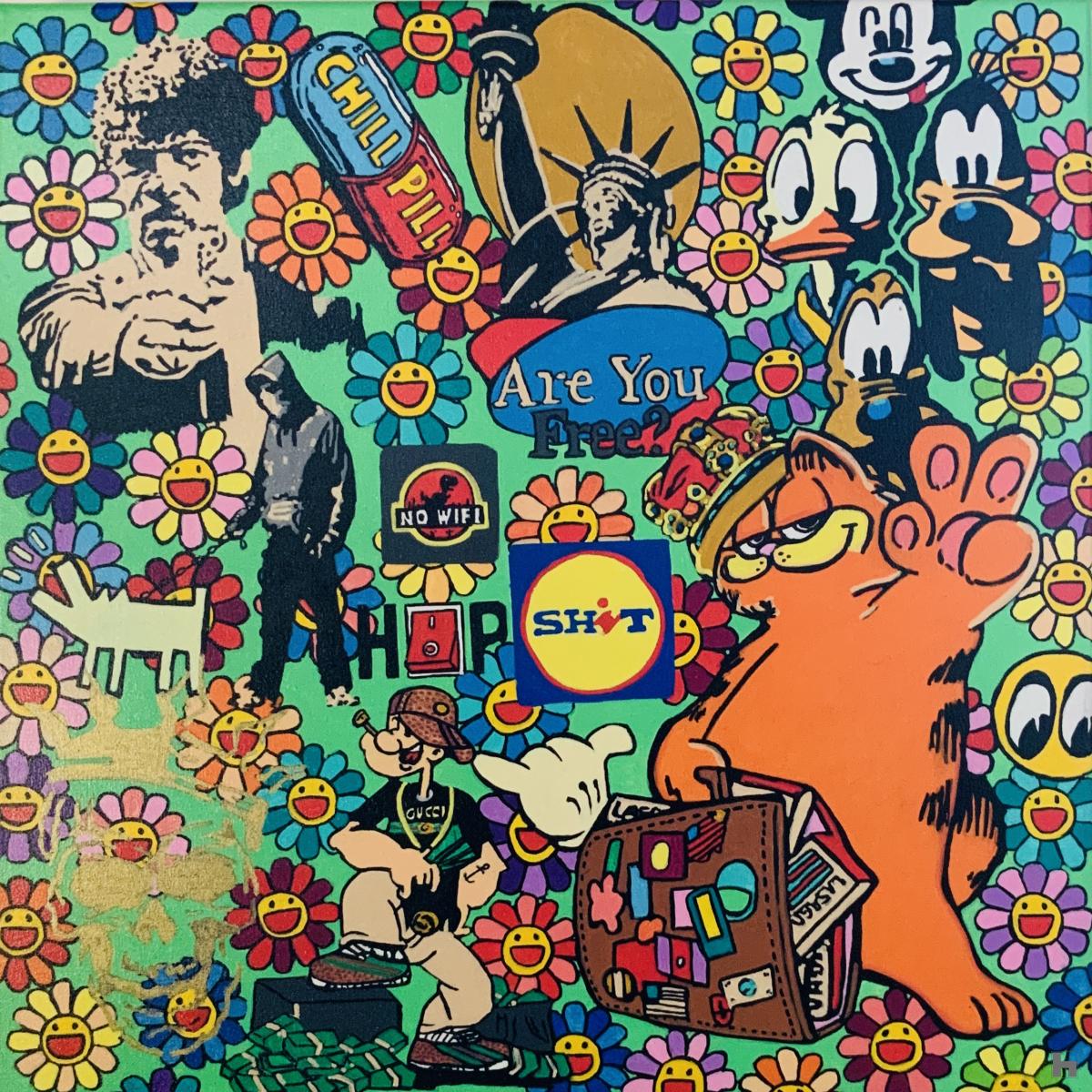Urban mix van popart icons op een kleurige, fleurig Murakami achtergrond
