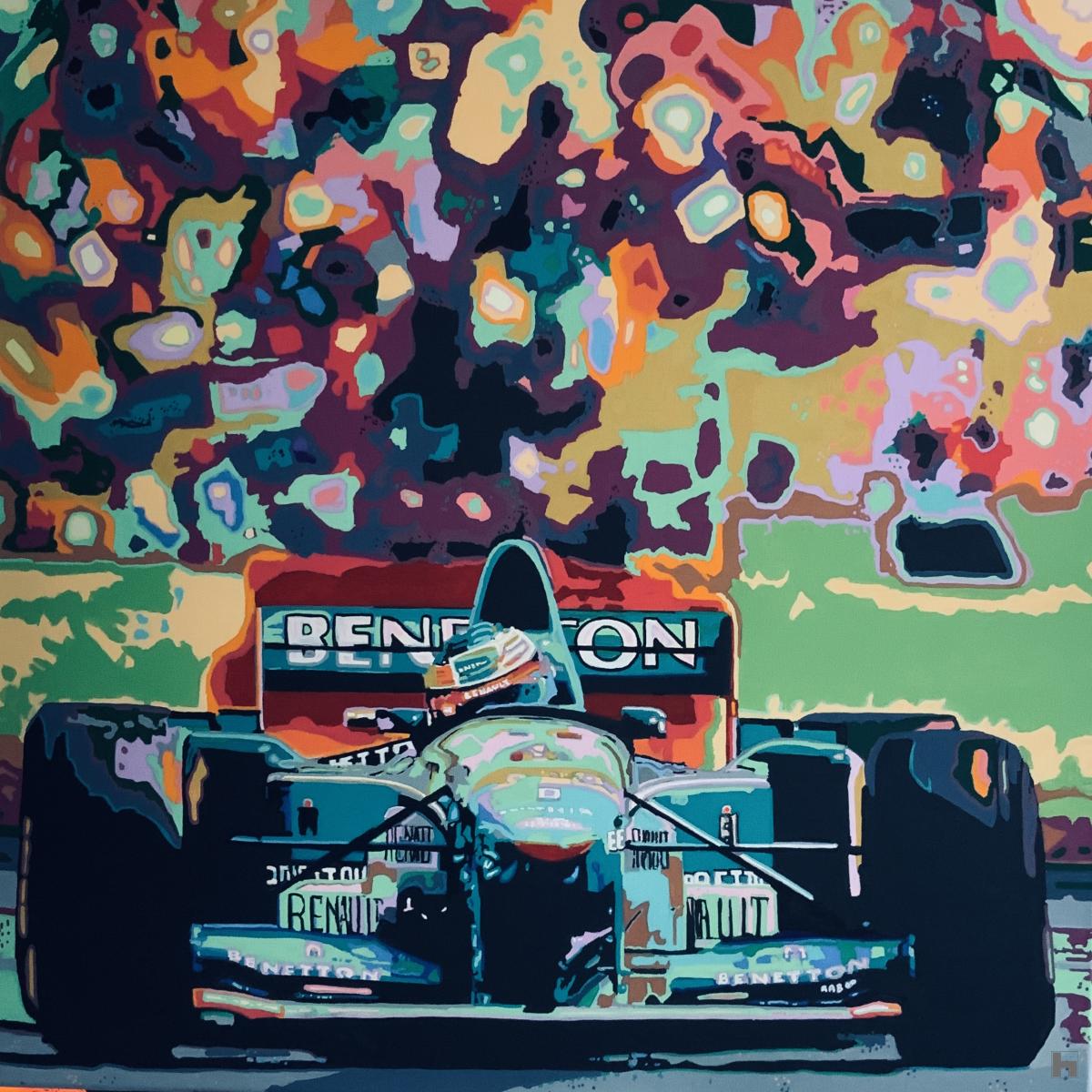 Formule 1 Benetton op de voorgrond, achtergrond publieks tribune 