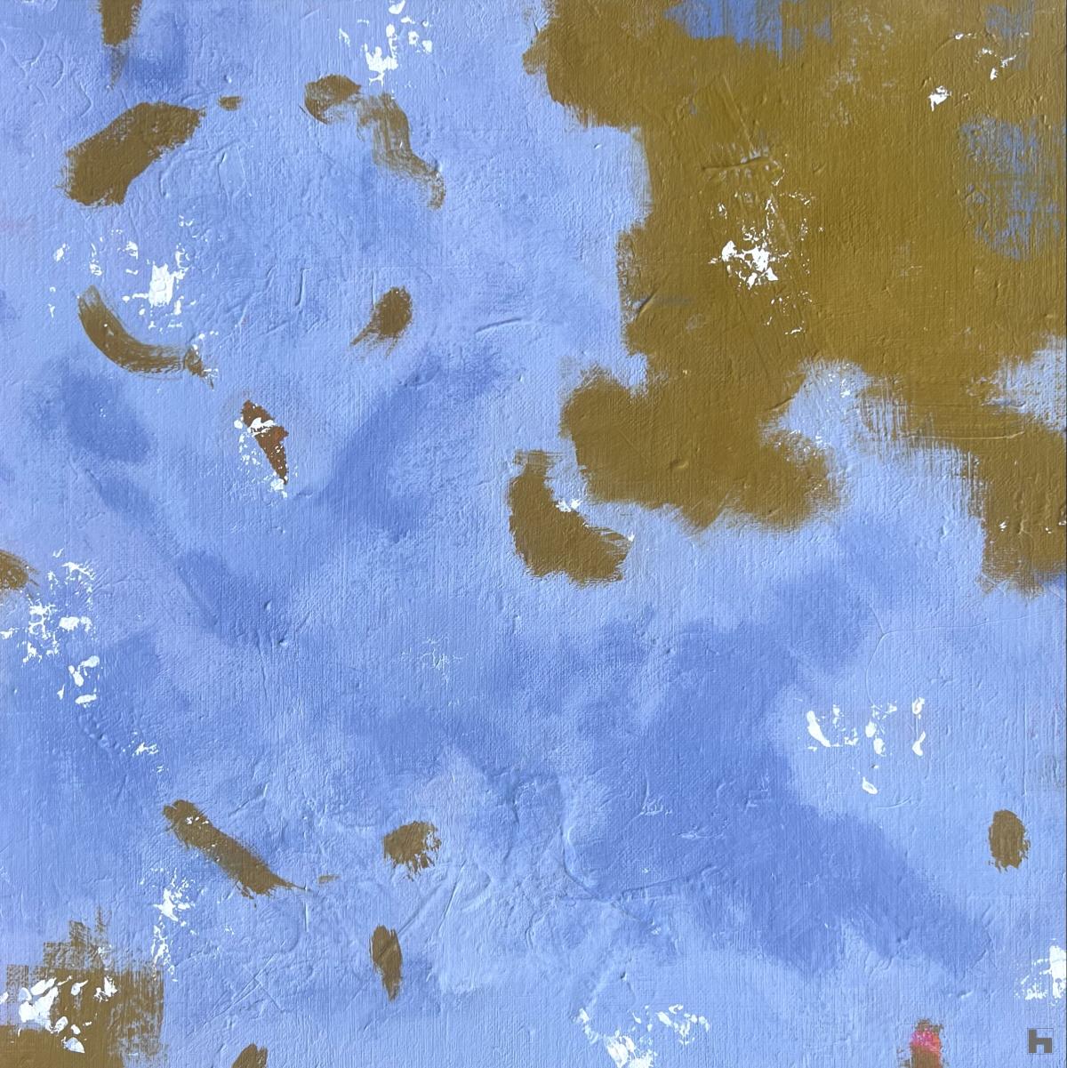 A photo of an abstract painting in pale blue and warm ochre. 
