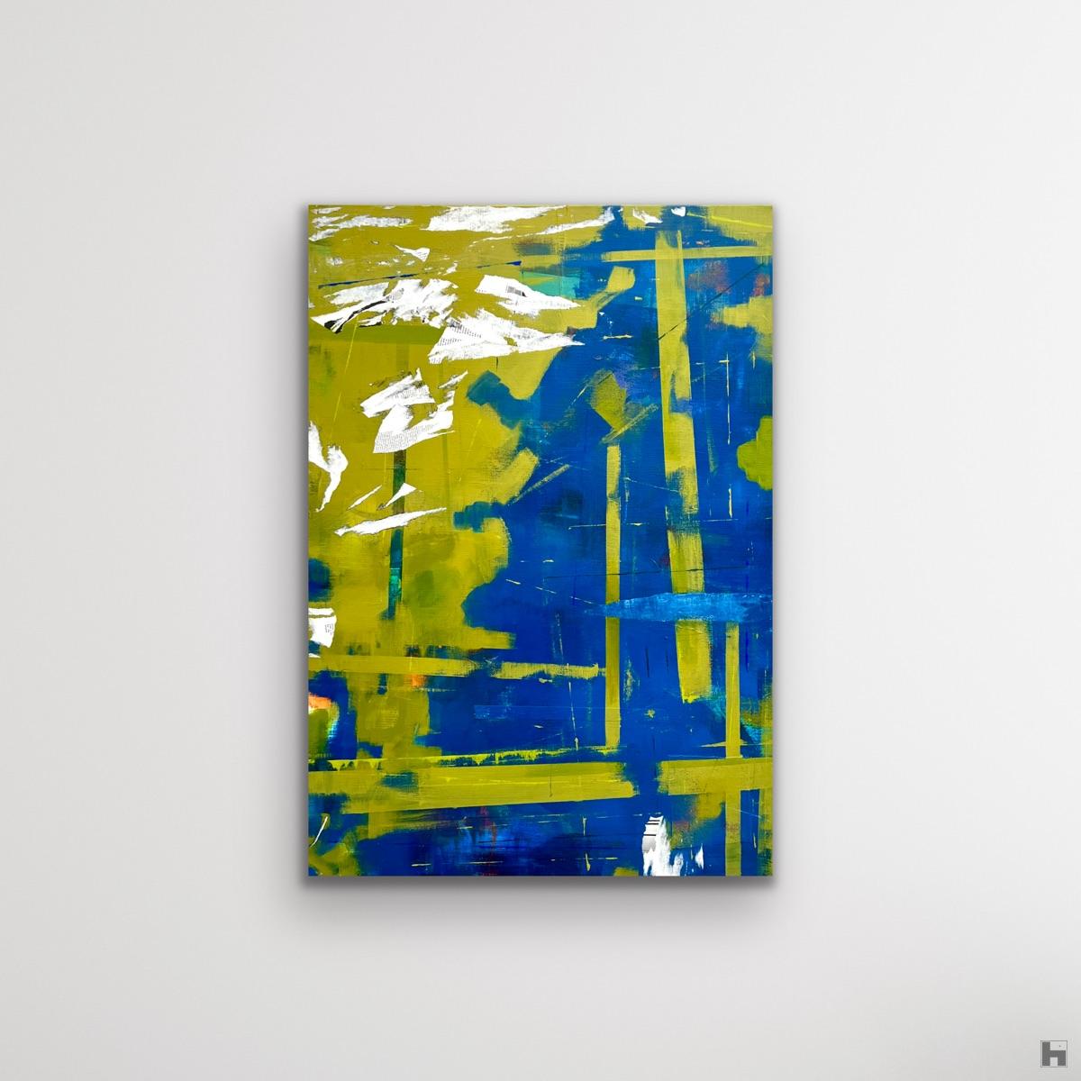 A blue abstract painting on a white background
