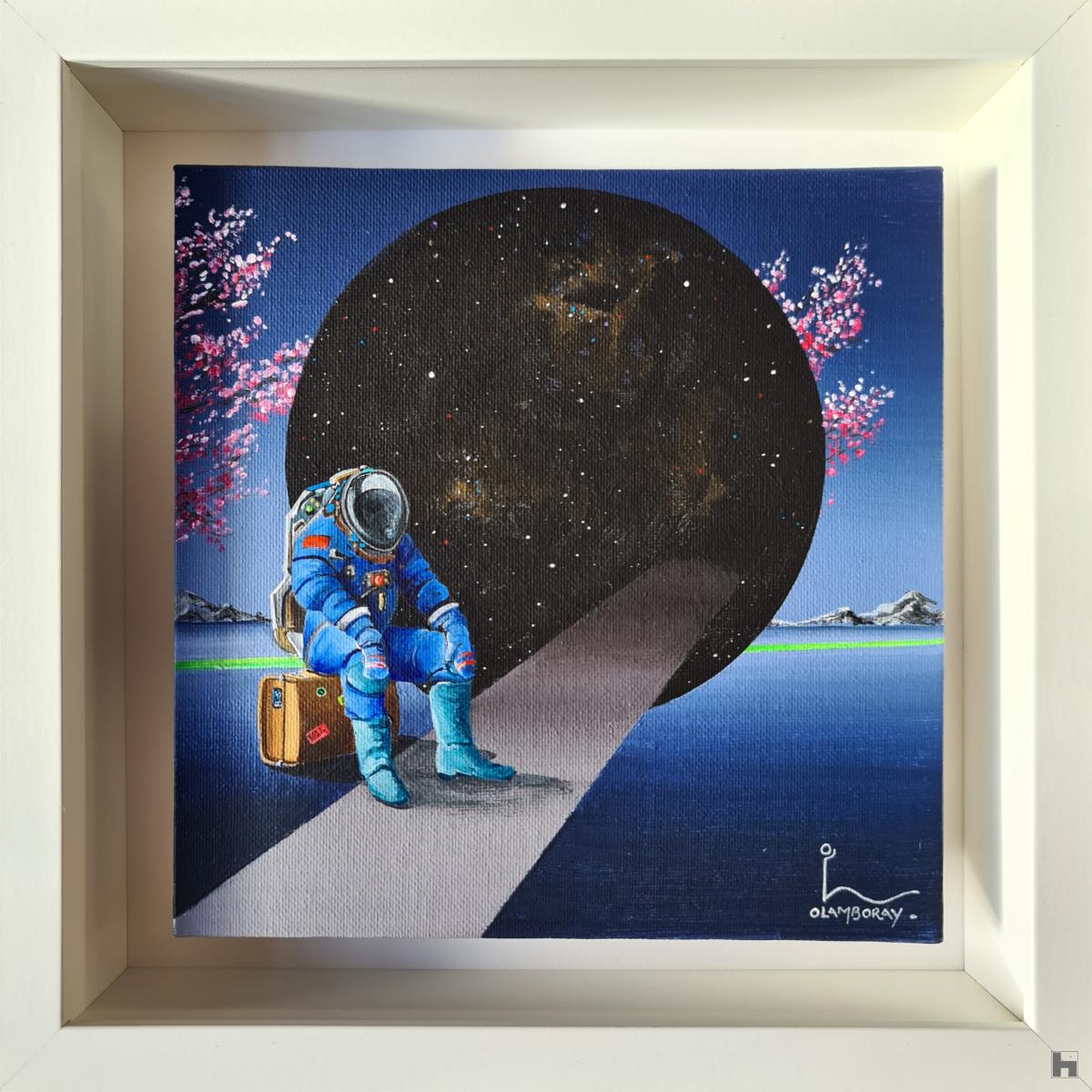 Une peinture surréaliste d’Olivier Lamboray illustrant un voyage onirique à travers le Pays des Merveilles, où réalité et imagination se confondent.