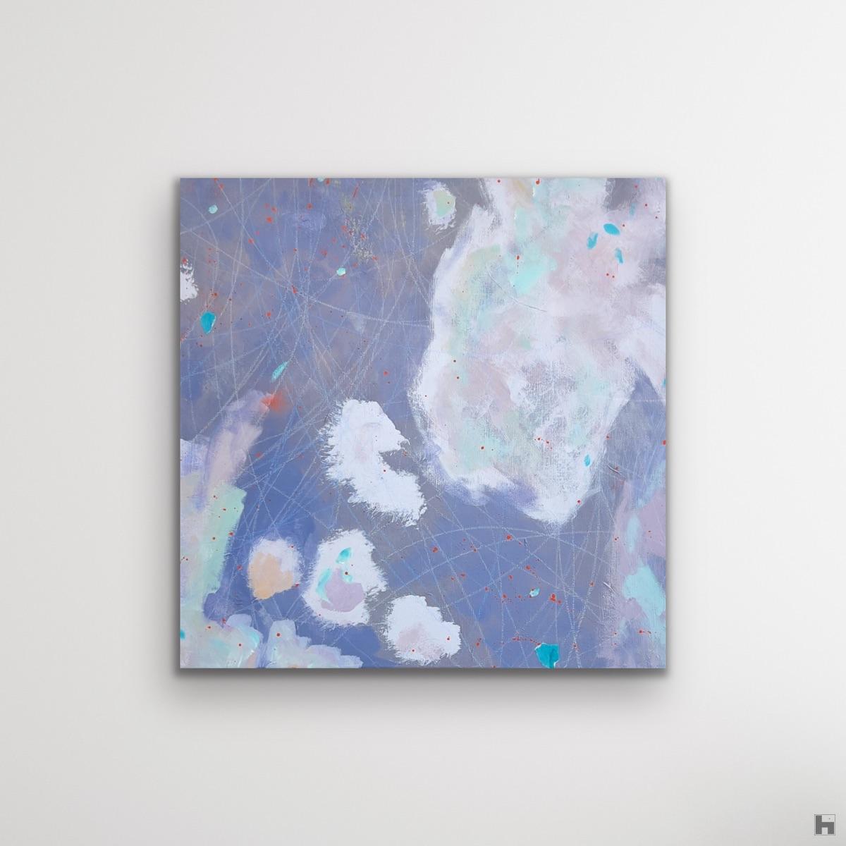 An abstract painting in soft purple and grey on a white background