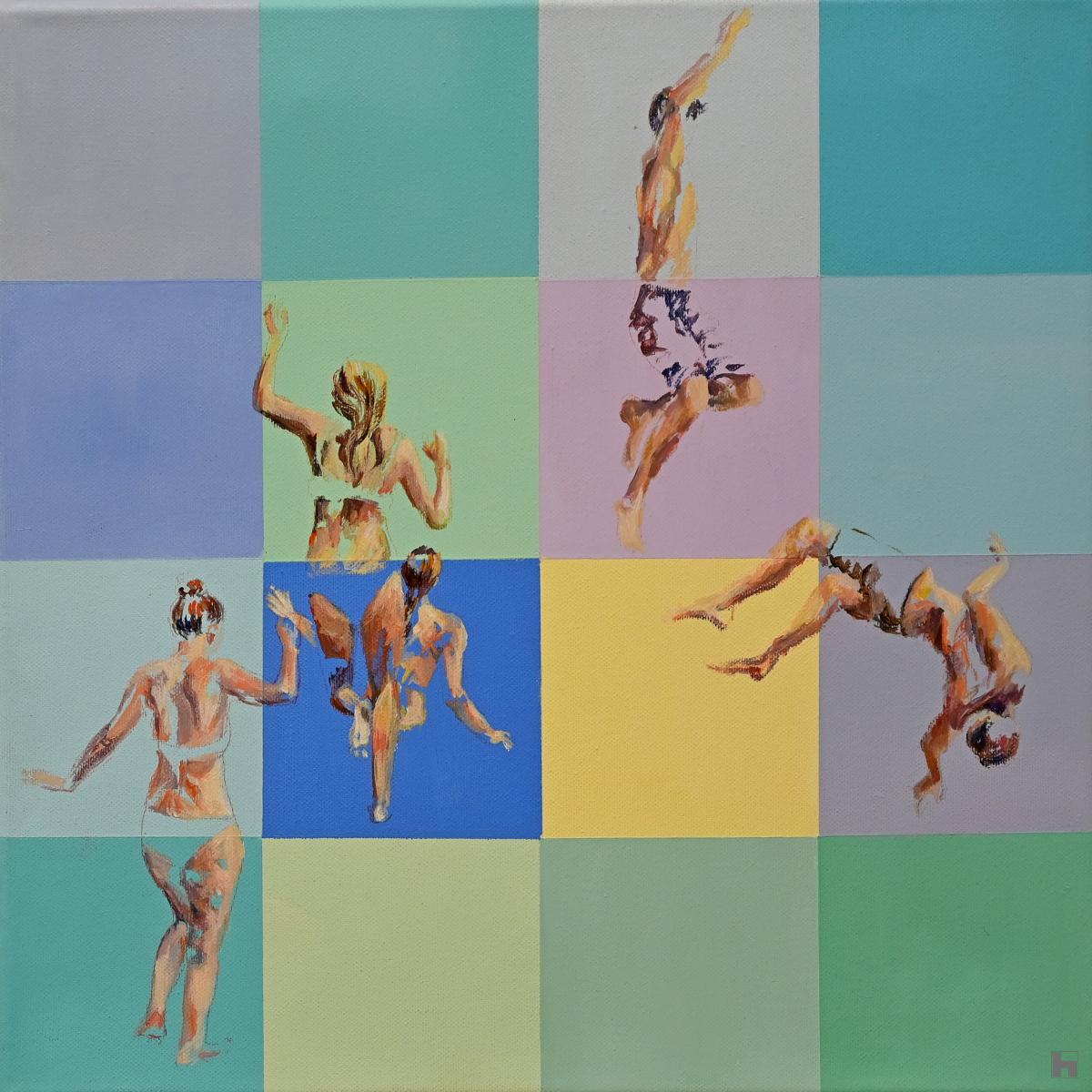 Abstract swimers in colorful background.