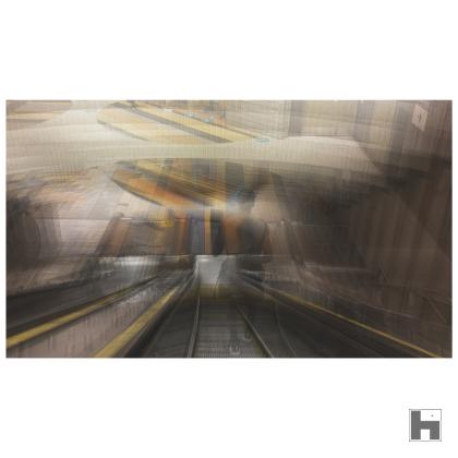 A multilayered photo of a metro station escalator with someone running down