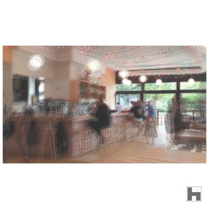 A multilayered photo of a typical american restaurant in Chicago