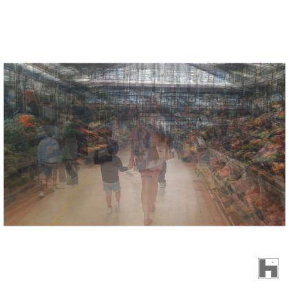 A multilayered photo of a mother and child in a market in Lisbon