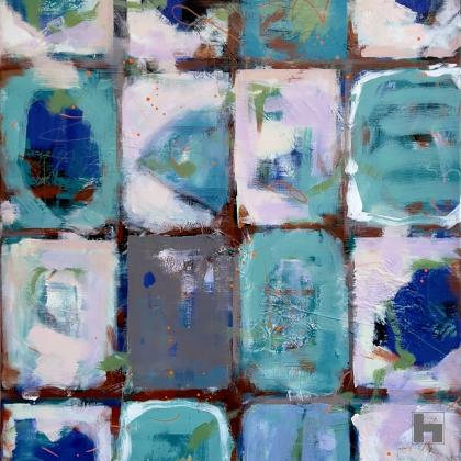 An abstract painting of windows set into a pavement. Colours blue, green and white.