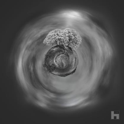 Photographie noir et blanc Entre Deux Mondes de Paul Marnef – arbre solitaire sur une planète en lévitation, entre ciel et terre, œuvre poétique en édition limitée