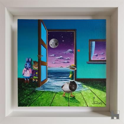 Hide and Seek. Petite peinture carrée surréaliste bourrée de bonheur et de fun
