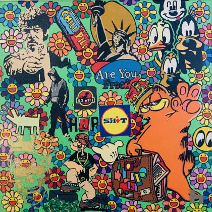 Urban mix van popart icons op een kleurige, fleurig Murakami achtergrond