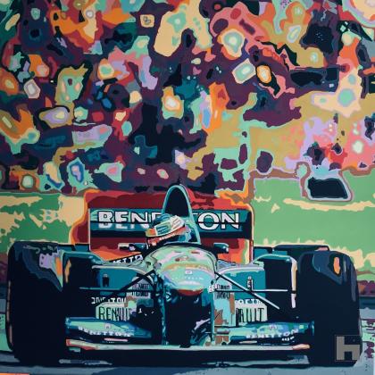 Formule 1 Benetton op de voorgrond, achtergrond publieks tribune 
