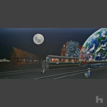 Peinture surréaliste intitulée « Nach Norden » d'Olivier Lamboray, représentant un homme et un chien bleu dans une gare, se préparant à un voyage au clair de lune avec la Terre en arrière-plan.