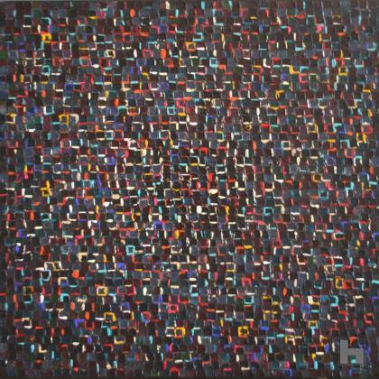 New Pixels - Petits carrés et lignes multicolores sur fond gris foncé