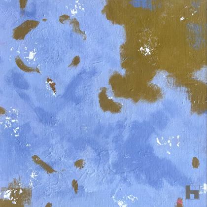 A photo of an abstract painting in pale blue and warm ochre. 