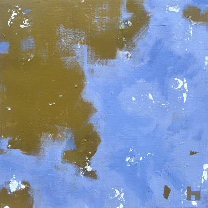 A small, square painting in blue and ochre