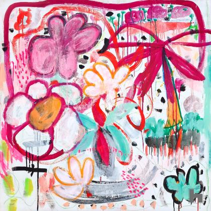 Toile contemporaine 100x100x4cm, acrylique, encres, crayons, 2023, Roxane Malu