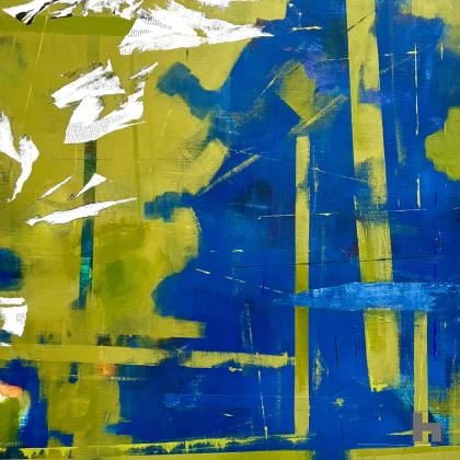 An abstract painting in blue, green and white
