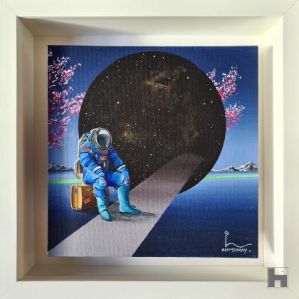 Une peinture surréaliste d’Olivier Lamboray illustrant un voyage onirique à travers le Pays des Merveilles, où réalité et imagination se confondent.