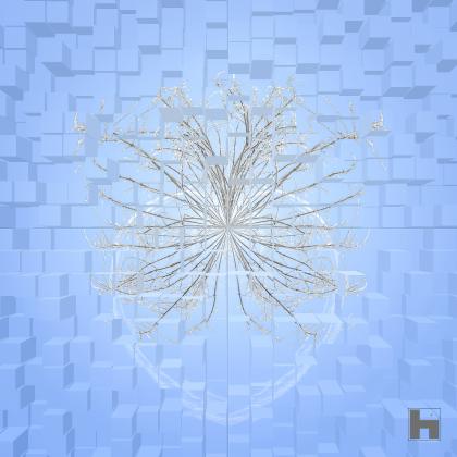 Une image surréaliste de Paul Marnef montrant un arbre fractal glacé contre un ciel délicat, faisant partie de sa série Planètes Imaginaires.