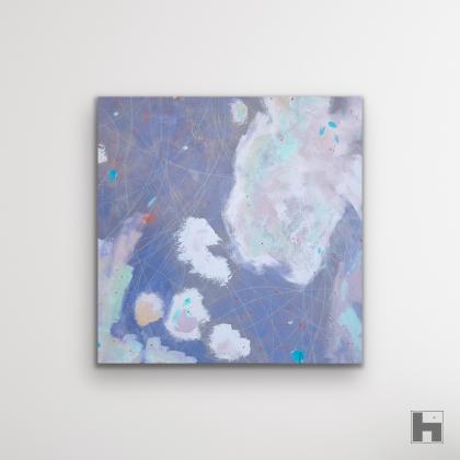 An abstract painting in soft purple and grey on a white background