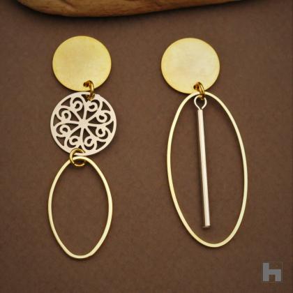 Gold and Silver Asymmetrical Drop Earrings, for Pierced or Non Pierced Ears