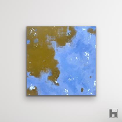 A blue, square painting on a white background.